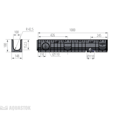 Лоток водоотводный пластиковый Norma DN100 H180 арт.11018
