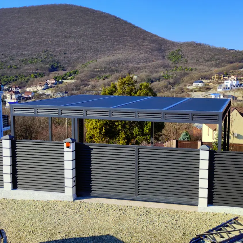 Забор Еврожалюзи RAL 7024 Серый Графит двусторонний с навесом для автомобиля